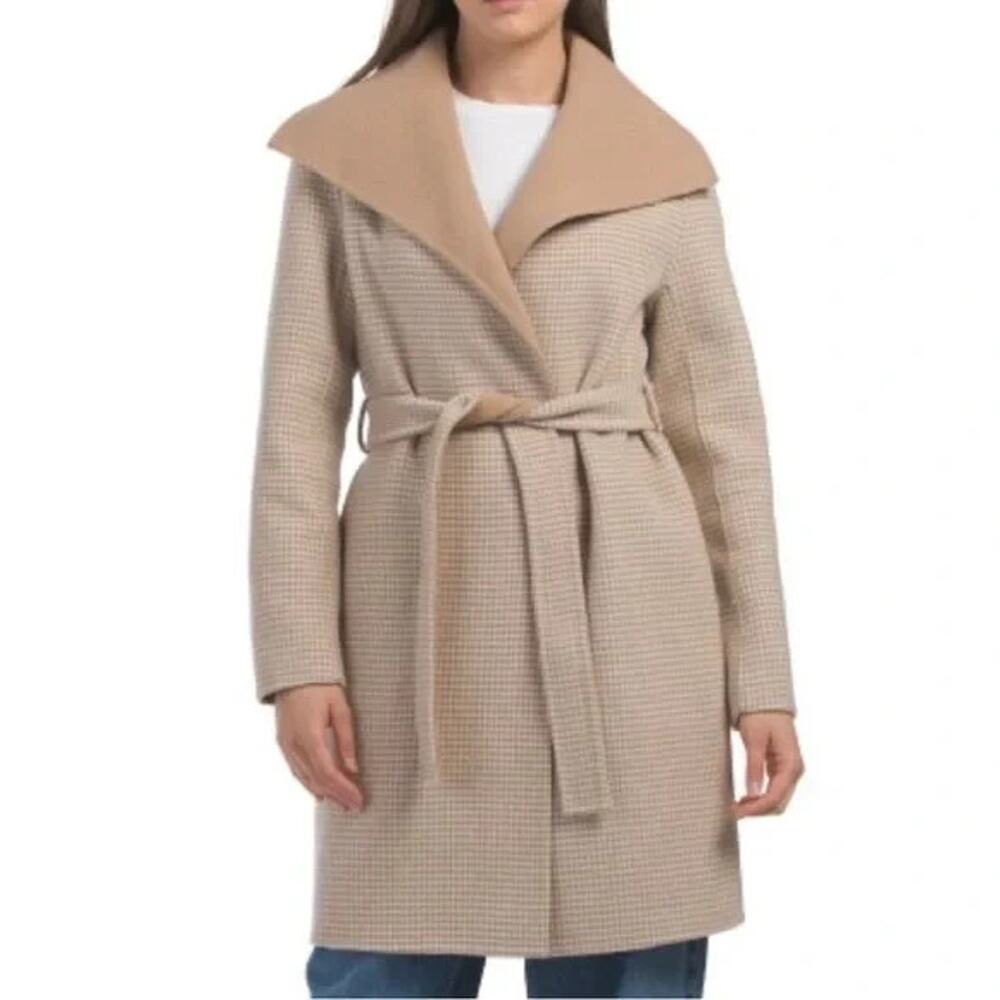 ELIE TAHARI Wool Mini Houndstooth Oversized Collar Belted Wrap Coat Size M $475